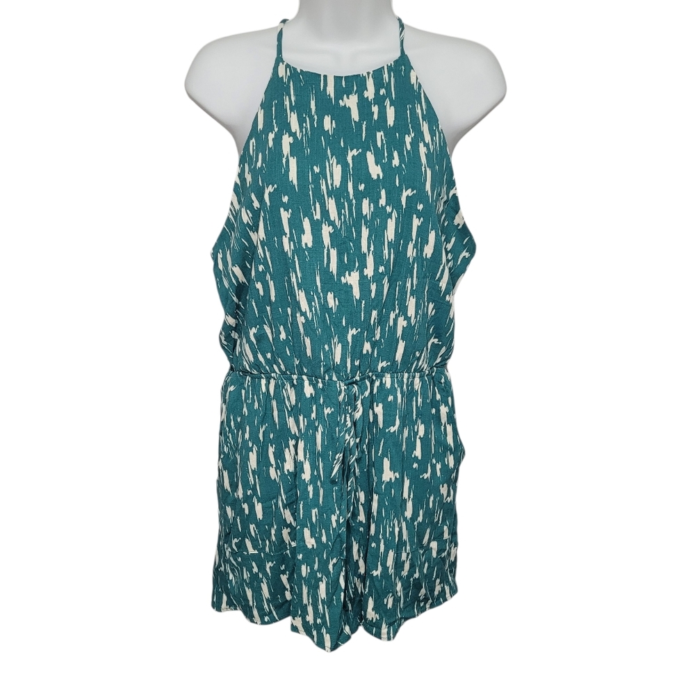 Gilli Halter Style Shorts Romper Women's Size L Green White Girly Abstract